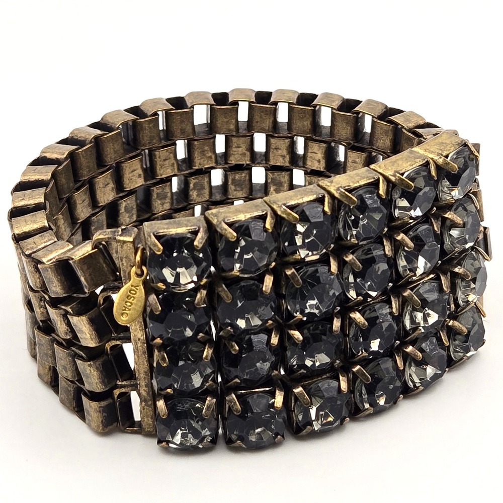 Gerard Yosca Antique Gold Tone Grey Crystal Four Row Wide Stretch Bracelet
